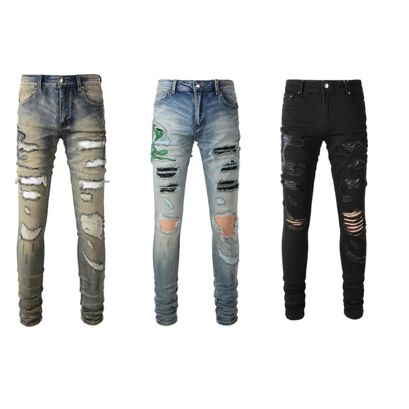 Dropshipping Vente en gros Broderie serpent High Street Jeans denim pour homme haute qualité