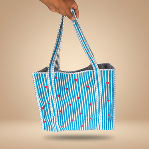 Bolsa de Mano de Algodón a Rayas Azules con Corazón Rojo Estampado, Bolsas de Compras con Diseño Abierto y Moderno para Todas las Temporadas - Product Image 2
