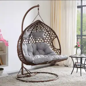 PE Rattan Hanging Swing Egg Chair Quality Double Seated Outdoor Wicker Cocoon Swings Round Chair Patio Swings With Metal Stand