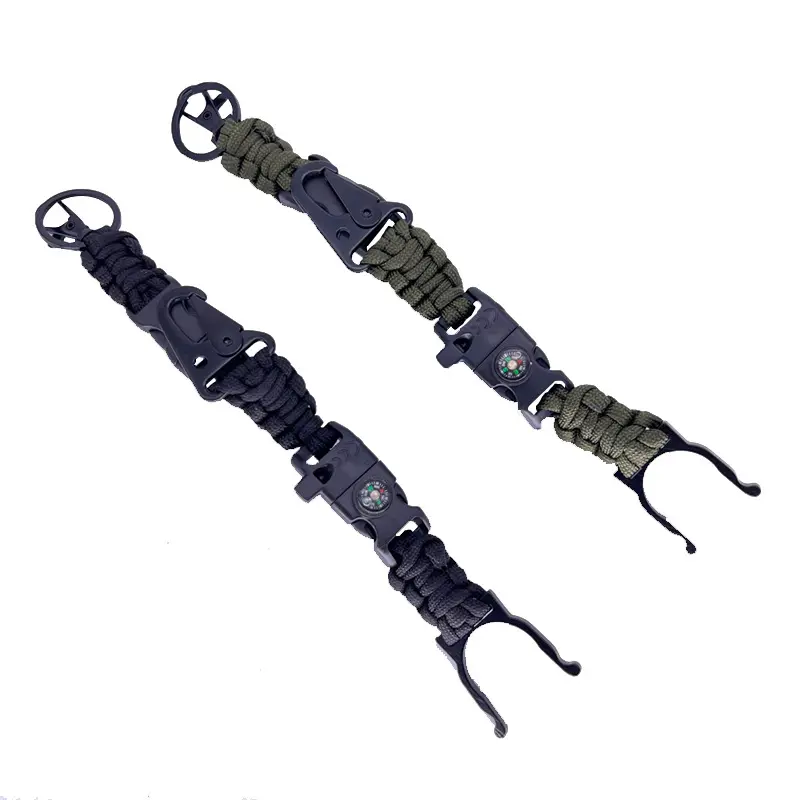 Double buckles Outdoor Keychain Ring Camping Carabiner Multifunction paracord Survival Kit compass flint Knot Bottle Opener