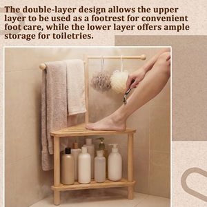 Bamboo Three Tier Storage Rack Natural Wood Color <b>Freestanding</b> Bathroom Organizer With Towel <b>Bar</b> And Footrest - Product Image 2