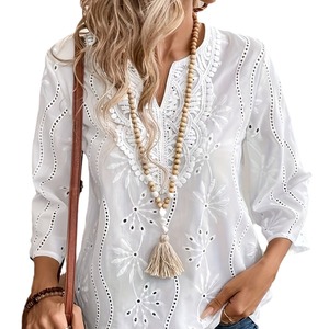 Blusa <span class=keywords><strong>de</strong></span> Gasa con <span class=keywords><strong>Encaje</strong></span> y Mangas Acampanadas Bordadas, Elegante y Holgada con Cuello en V, Nueva Colección Otoño para Europa y América - Product Image 2