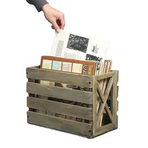 桌面复古灰色木箱风格乙烯基唱片储物箱，带预定侧面和X设计末端