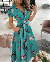 Robe Imprimée S-XXL Femme Col V Sexy Manche Chauve-Souris Volant Fleurs Imprimé Bohème Robe de Plage Décontractée pour Vacances d'Été