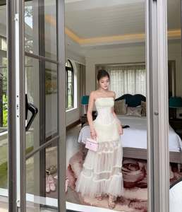 Wholesale Women Fairycore <b>White</b> <b>Tulle</b> Maxi Dress Strapless Corset Bodice Tiered Ruffle Prom Bridal Shower Dress OEM - Product Image 6