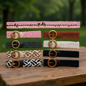 Ceinture en tissu tissé Angelina 6 cm avec boucle ronde en bois, style bohème - Product Image 2