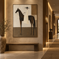 Peinture sur toile abstraite minimaliste représentant un cavalier équestre et un cheval, art mural neutre brun pour hôtel, villa, club-house, décoration murale personnalisée