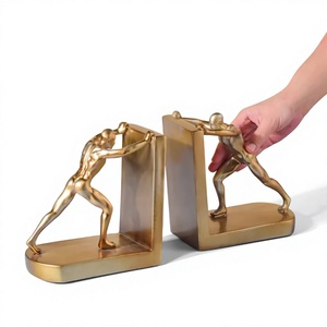 Metal Gold Human Figure <b>Bookend</b> Set Abstract Sculptural Push Design Decorative Heavy Duty Book Holder Office Shelf Organizer - Product Image 1