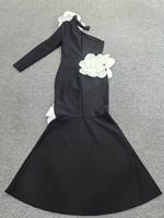 Robe de Soirée de Luxe Asymétrique Noire Coupe Trapèze à Bandages avec Fleurs Blanches pour Femme