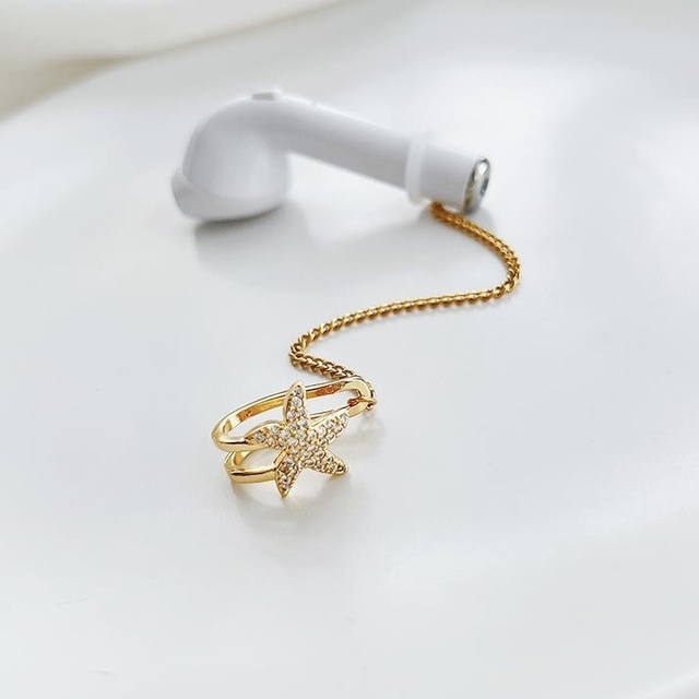 Dazzling Bluetooth Earphone Anti-drop Earrings with Starfish Sports Ear Cuff 18k Gold Plated Chain for AirPods