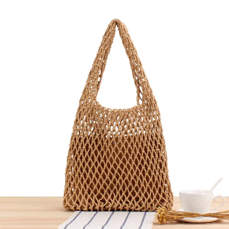 Borse da spiaggia estive Boho fatte a mano in cotone fatte a mano Chic semplice tinta unita con rete per Shopping Bag da donna a tracolla da vacanza