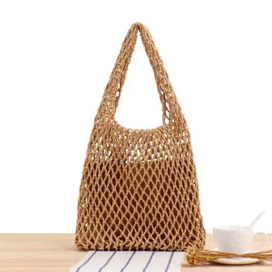 Bolsa de praia de algodão de verão boho artesanal chique simples cor sólida sacola de compras feminina de férias