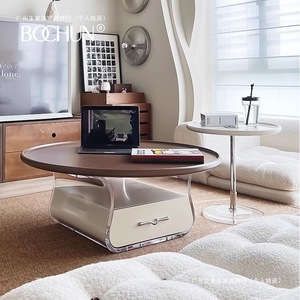 French Style <b>Round</b> Coffee <b>Table</b> 90cm Acrylic Base Wood Top Modern Living Room Furniture - Product Image 5