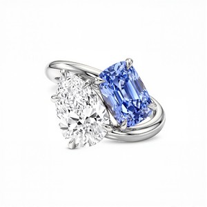 Modern Lab Grown Diamond <b>Ring</b> with Elongated Pear Cut White Stone and <b>Blue</b> Rectangular Cut Gemstone Fine Jewelry for Women - Product Image 2