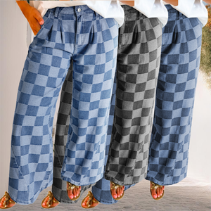 Nouveau <span class=keywords><strong>Jean</strong></span> <span class=keywords><strong>Boyfriend</strong></span> Ample à Taille Haute en Denim à Carreaux <span class=keywords><strong>Noir</strong></span> et Bleu Respirant pour <span class=keywords><strong>Femme</strong></span> – Collection 2025 (Vente en Gros) - Product Image 1