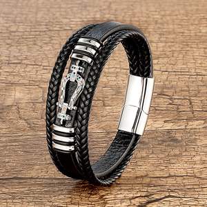 Bracelet en cuir véritable pour <span class=keywords><strong>homme</strong></span> avec fermoir magnétique en acier inoxydable personnalisé de haute qualité, logo personnalisé, charme multi-couches en forme de <span class=keywords><strong>sabot</strong></span> de cheval, CZ, SL-335 - Product Image 3