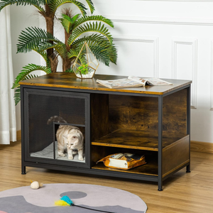 Cassa per gatti in legno, mobili in stile gabbia per cani, cuccia per cuccioli al coperto, End Table casa per animali con cuscino e porte scorrevoli rustiche marrone - Product Image 5