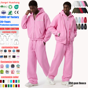Ensemble de survêtement unisexe oversize 350 GSM avec sweat à capuche zippé et pantalon de jogging coupe ample à épaules tombantes, vêtements de sport, vente en gros - Product Image 1
