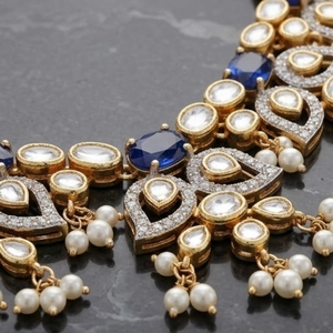 Flower Design Luxury925 Silver <b>Necklace</b> Earrings Set for Women Blue Gemstone Pearls Kundan Work Traditional Indian Jewelry - Product Image 4