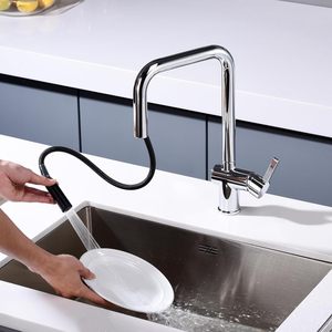 Chrome Modern Design Pull-Down Kitchen <strong>Faucet</strong> High Arch Gooseneck with Adjustable Spray Deck Mounted in Stainless Steel - Product Image 6