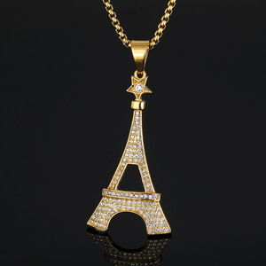 Collier tour Eiffel Hip Hop <span class=keywords><strong>Paris</strong></span> pour hommes Iced Out CZ étanche en acier inoxydable non terni à la mode plaqué <span class=keywords><strong>or</strong></span> pour cadeau - Product Image 1