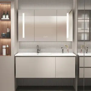 Miroir de salle de bain moderne de luxe avec fournisseur de lumière, nano-bassins haut de gamme, Style européen, vanité de salle de bain flottante avec évier