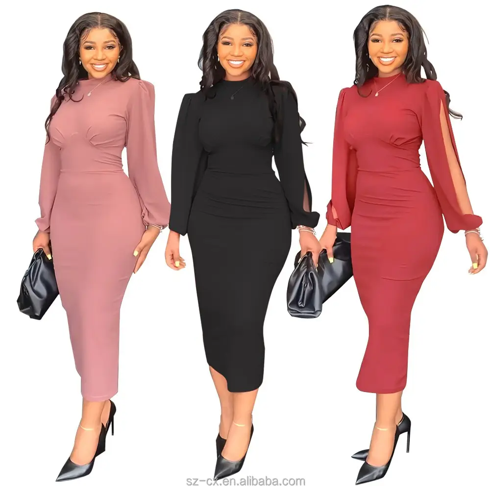 2023 Long Puff Sleeve Bodycon Midi Women Dresses Solid Color Elegant Office Dresses Women Formal Work Career Dresses For Ladies