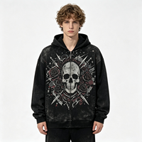 Hoodie Zip Up Heavyweight Acid Wash dengan Cetakan Tengkorak, Mawar, dan Pedang, Streetwear Distressed, Pakaian Pria, Merek Fashion, Grosir
