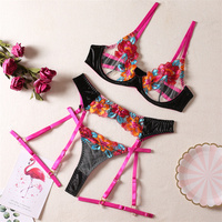 Soutien-gorge à anneau en acier avec broderie de blocage des couleurs sexy, porte-jarretelles, tour de jambe, string, sous-vêtements sexy, ensemble de quatre pièces