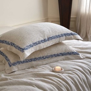 Set di Biancheria da Letto in Cotone e Lino Stile Antico, Colore Naturale, Jacquard Vegetale con Bordo Blu, Lenzuola di Lusso Delicate sulla Pelle - Product Image 5