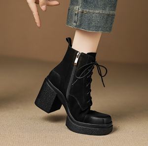 Botas de cuero genuino con cordones delanteros, punta redonda, tacón alto, color sólido, elegantes y versátiles, con capa superior de cuero vacuno. - Product Image 4