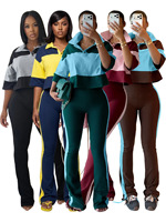 Ensemble de vêtements tendance pour femmes grandes tailles, bustier à blocs de couleur, pantalon large, ensemble de 2 pièces pour femmes