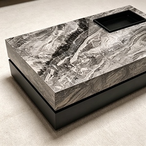 Glossy Grey Vein Sintered Stone Rectangle Coffee <b>Table</b>, Low Profile Solid Base Center <b>Table</b> For Modern Minimalist Living Room Fu - Product Image 6