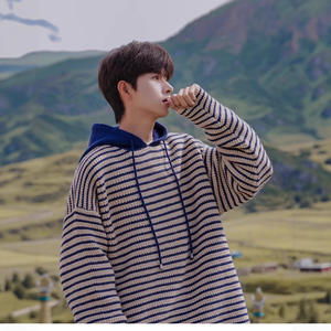 <span class=keywords><strong>Pull</strong></span> tricoté à capuche rayé style japonais patchwork en polyester pour homme et <span class=keywords><strong>femme</strong></span>, style décontracté, coupe ample, design coréen, chaud, automne-hiver - Product Image 2