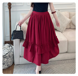 OEM Women Vintage Ruched Waist Flowy Swing Maxi <b>Skirt</b> Solid Red Tiered Hem Umbrella <b>Long</b> Breathable Chiffon Casual Flared <b>Skirt</b> - Product Image 1