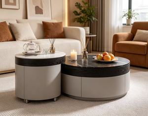 Modern Nesting Coffee <b>Table</b> Set Marble Top <b>White</b> Black <b>Round</b> Living Room Furniture - Product Image 3