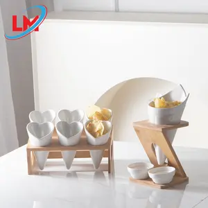 Amazon Lazada Online Hot Simple Snack Fries Cone Ceramic Snack Bowl with OEM Acceptable Bamboo Holder