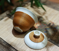Bol à couvercle Artisan Soda Glaze-Bol à thé recouvert de bambou tissé à la main, ensemble de chawan Yunomi en céramique de style japonais