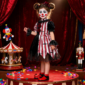 Yi Xiaoyi Disfraz de payaso para niños, traje de circo para niñas, vestido de Halloween con sombrero y mangas a rayas rojas y blancas - Product Image 1