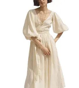 Fashion High Waist Deep V-Neck Half Sleeve Bandaged Women Long Linen Dress