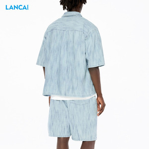 Chemises pour hommes, manches courtes, col montant, patte blanche à boutons, poche poitrine gauche, vêtements décontractés pour garçons, vente en gros personnalisée - Product Image 3