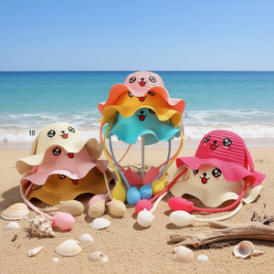 Sombrero de Paja con Borde Ondulado y Cara Sonriente de Dibujos Animados para Niños, Talla Única, Sombrero de Playa, Bordado a Mano con Hierba Natural - Product Image 3