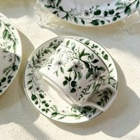 Ensemble de bols et assiettes en céramique sous glaçure, motif végétal pastoral vert frais de luxe - Compatible micro-ondes, haute esthétique