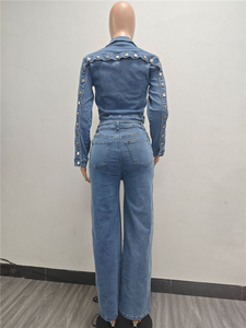 时尚牛仔布2件套女式套装纯色单排扣裁剪上衣和牛仔裤长裤 - Product Image 5