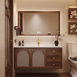Vintage-style ceramic integrated bathroom vanity unit with washbasin and smart <b>mirror</b> cabinet - Product Image 3