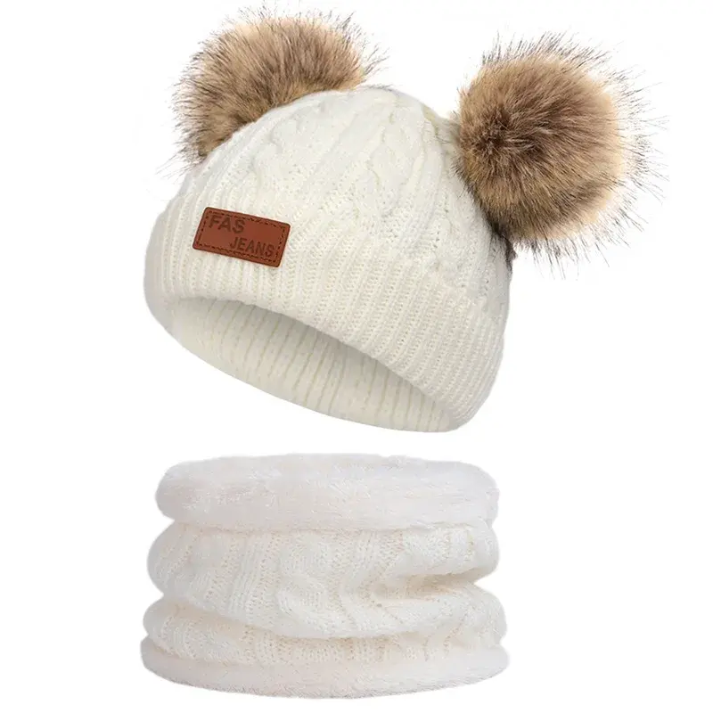 Enfants en bas âge bébé polaire doublé Pom filles garçon chapeau écharpe gant ensemble enfants chaud thermique hiver tricoté fausse fourrure chapeaux écharpes ensembles