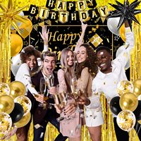 Décorations d'anniversaire en or noir pour hommes et femmes |   Bannière Joyeux Anniversaire, Toile de Fond, Nappe, Rideaux Métalliques, Arche de Ballons pour Lui