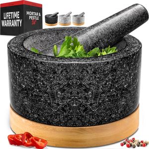 Juego de Mortero y Pilón de Alta Resistencia con Base de Bambú, Molinillo de <span class=keywords><strong>Piedra</strong></span> de Granito 100% Natural, Tazón y Pilón para Guacamole, 2 Tazas, Negro - Product Image 1