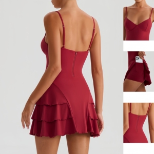 Damen Spaghetti-Träger V-Ausschnitt Rüschensaum Kleid mit Eingebauter Shorts Reißverschluss Hinten Figurbetont Sportbekleidung für Tennis Workout - Product Image 1