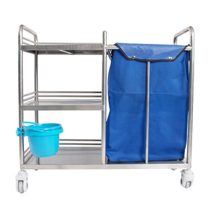 Three Layer Stainless Steel Waste Disposal Cart With Blue Bag And Bucket For Hospital Ward Care 90x45x90 Cm - Product Image 1